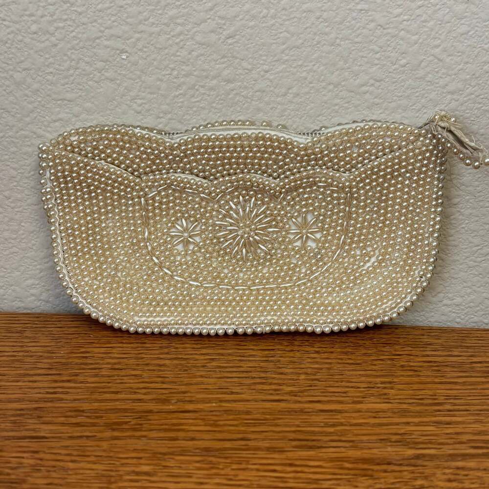 VTG MCM Waldes Faux Pearl Beaded Clutch Purse Cream - Vintage Japan Pre-owned